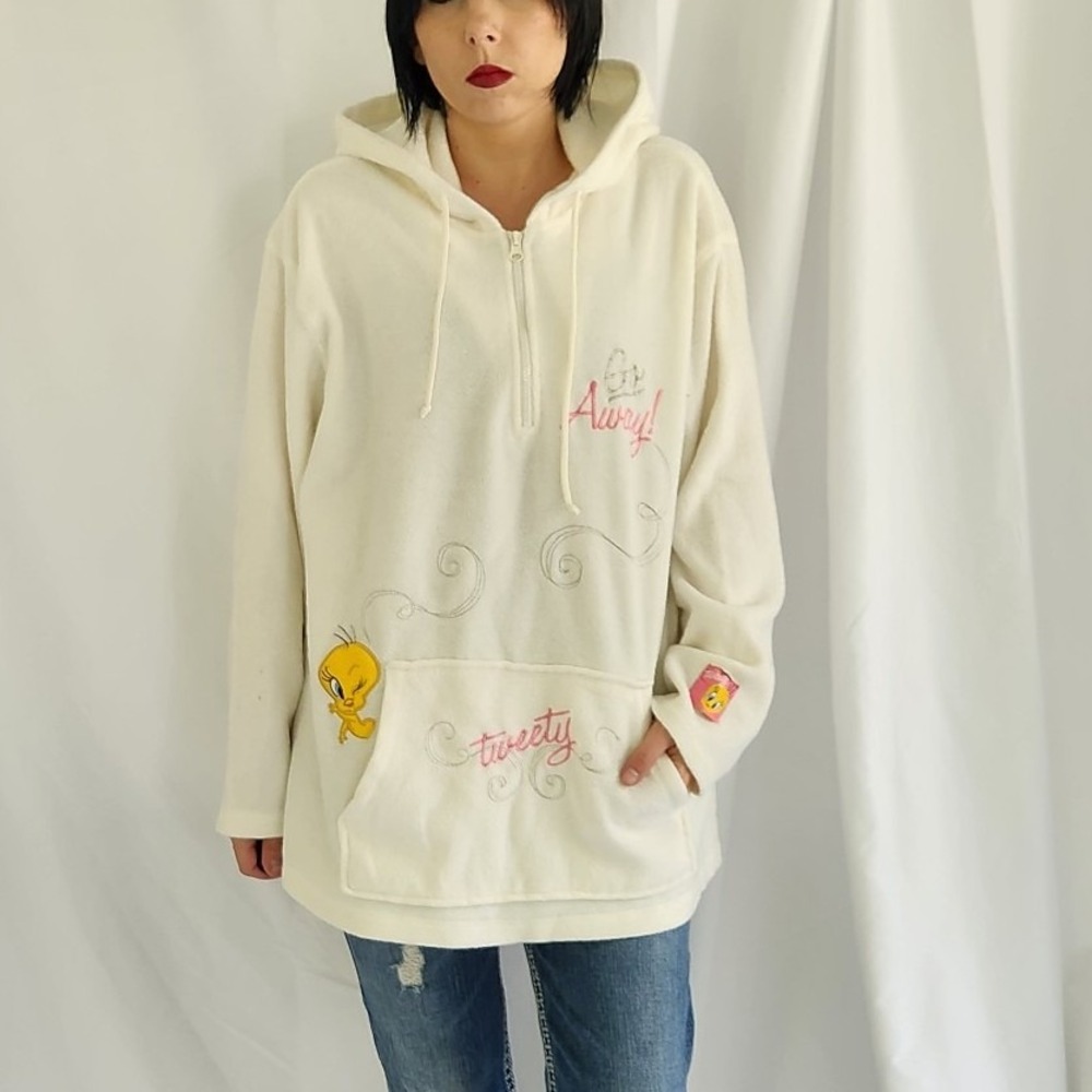 Y2K White Fleece Tweety Bird Hoodie